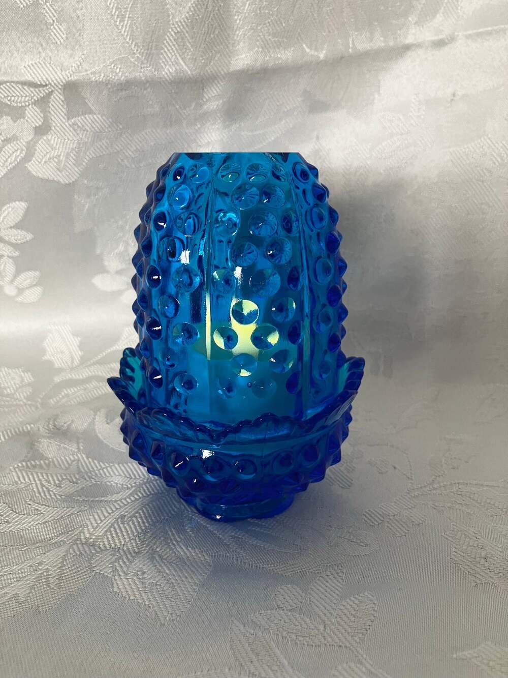 Vintage Fenton Colonial Blue Hobnail Fairy Lamp UV Reactive Glass Call Outs